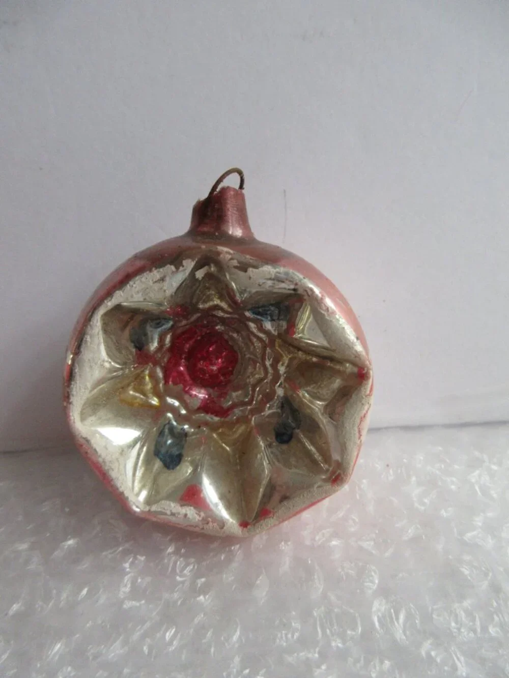 German Indent Glass Reflector Christmas Ornament Lot of 2 Pink Green Silver Vtg